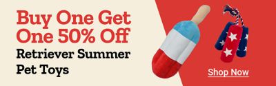 Buy one get one 50 percent off Retriever summer pet toys. Shop now. Red white and blue popsicle shaped dog toy and patriotic rope toy displayed on a beige and red background.