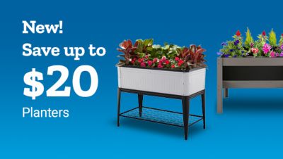 New. Save up to $20 on planters. Shop now. Two elevated planter boxes filled with flowers and greenery displayed on a blue background.
