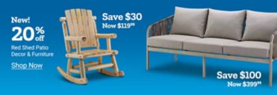 New. 20 percent off New Red Shed spring patio decor and furniture. Wooden rocking chair and outdoor sofa displayed on a blue background.