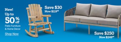New. 20 percent off New Red Shed spring patio decor and furniture. Wooden rocking chair and outdoor sofa displayed on a blue background.