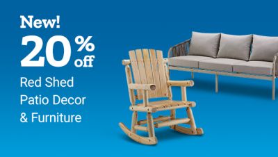 New. 20 percent off New Red Shed spring patio decor and furniture. Wooden rocking chair and outdoor sofa displayed on a blue background.
