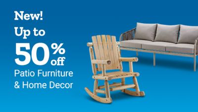 New. 20 percent off New Red Shed spring patio decor and furniture. Wooden rocking chair and outdoor sofa displayed on a blue background.