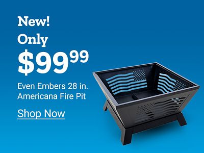 New. Only 99 dollars and 99 cents Even Embers 28 inch Americana fire pit. Shop now. Square metal fire pit with American flag design cutouts displayed on a blue background.
