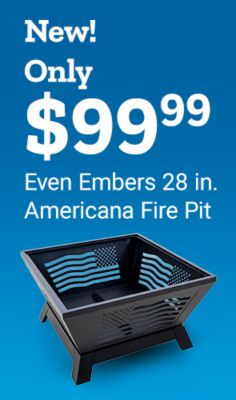 New. Only 99 dollars and 99 cents Even Embers 28 inch Americana fire pit. Shop now. Square metal fire pit with American flag design cutouts displayed on a blue background.