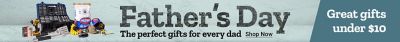 Father's Day. The perfect gifts for every dad. Shop now. Tool set, drill, grill tools, gloves, hat, and Kingsford charcoal displayed as gift ideas on a gray background.