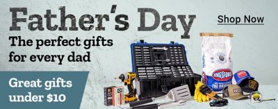 Father's Day. The perfect gifts for every dad. Shop now. Tool set, drill, grill tools, gloves, hat, and Kingsford charcoal displayed as gift ideas on a gray background.