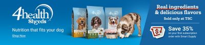 4health Shreds. Nutrition that fits your dog. Shop now. Save 35 percent on your first subscription order with Smart Supply. Real ingredients and delicious flavors sold only at Tractor Supply Company. Assorted 4health Shreds dog food bags displayed featuring different dog breeds on a blue background.