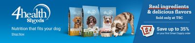 4health Shreds. Nutrition that fits your dog. Shop now. Real ingredients and delicious flavors sold only at Tractor Supply Company. Save up to 35 percent on your first Smart Supply order. Assorted 4health Shreds dog food bags displayed beside a dog eating from a food bowl on a blue background.