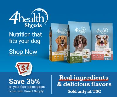 4health Shreds. Nutrition that fits your dog. Shop now. Save 35 percent on your first subscription order with Smart Supply. Real ingredients and delicious flavors sold only at Tractor Supply Company. Assorted 4health Shreds dog food bags displayed featuring different dog breeds on a blue background.