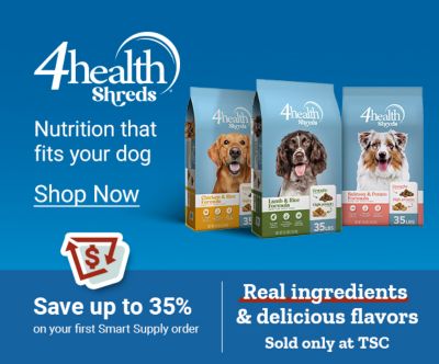 4health Shreds. Nutrition that fits your dog. Shop now. Real ingredients and delicious flavors sold only at Tractor Supply Company. Save up to 35 percent on your first Smart Supply order. Assorted 4health Shreds dog food bags displayed beside a dog eating from a food bowl on a blue background.