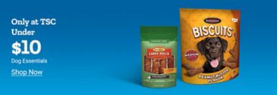 Only at Tractor Supply Company. Under 10 dollars dog essentials. Shop now. Retriever large rolls dog chews and Retriever biscuits peanut butter flavor dog treats displayed on a blue background.
