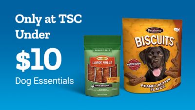 Only at Tractor Supply Company. Under 10 dollars dog essentials. Shop now. Retriever large rolls dog chews and Retriever biscuits peanut butter flavor dog treats displayed on a blue background.