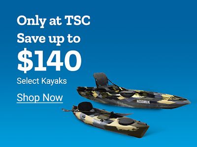 Only at Tractor Supply Company. Save up to 140 dollars on select kayaks. Shop now. Two camouflage kayaks displayed on a blue background.