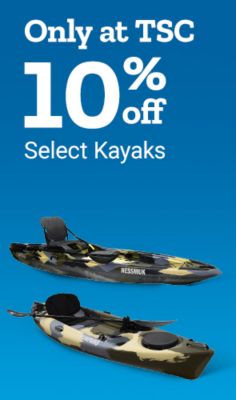 Only at Tractor Supply Company. Save up to 140 dollars on select kayaks. Shop now. Two camouflage kayaks displayed on a blue background.
