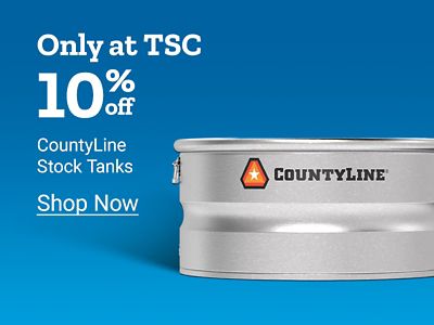 Only at Tractor Supply Company. 10 percent off CountyLine stock tanks. CountyLine metal stock tank displayed on a blue background.