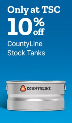 Only at Tractor Supply Company. 10 percent off CountyLine stock tanks. CountyLine metal stock tank displayed on a blue background.