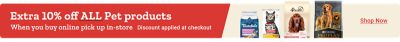 Tractor Supply Company promotion. Extra 10 percent off all pet products when you buy online and pick up in store. Discount applied at checkout. Image shows pet food brands including Blue Tastefuls, Hill's Science Diet, 4health, and Purina Pro Plan. Shop Now.