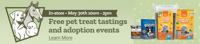 Tractor Supply Company in store event on May 30 from 10am to 2pm featuring free pet treat tastings and adoption events. Image shows pet treats and snacks for dogs and cats alongside Animal Days graphics with dog, horse, and chick illustrations. Learn More.