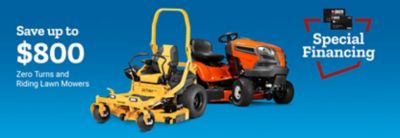 Tractor Supply Company promotion. Save up to 800 dollars on zero turn and riding lawn mowers with special financing available. Image shows yellow zero turn mower, orange riding lawn mower, and TSC credit card financing graphic on blue background.