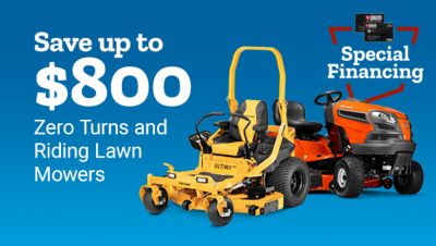 Tractor Supply Company promotion. Save up to 800 dollars on zero turn and riding lawn mowers with special financing available. Image shows yellow zero turn mower, orange riding lawn mower, and TSC credit card financing graphic on blue background.