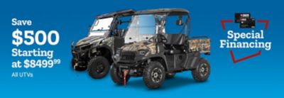 Tractor Supply Company promotion. Save 500 dollars on all UTVs starting at 8499.99 with special financing available. Image shows two camouflage utility terrain vehicles and TSC credit card financing graphic on blue background.