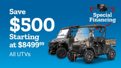 Tractor Supply Company promotion. Save 500 dollars on all UTVs starting at 8499.99 with special financing available. Image shows two camouflage utility terrain vehicles and TSC credit card financing graphic on blue background.