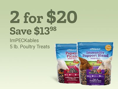Tractor Supply Company promotion. Buy 2 for 20 dollars and save 13.98 on ImPECKables 5 pound poultry treats. Image shows bags of ImPECKables Papaya Picnic and Immunity Support Blend chicken treats.