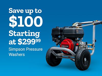 Tractor Supply Company promotion. Save up to 100 dollars on Simpson pressure washers starting at 299.99. Image shows gas powered Simpson pressure washer on blue background.