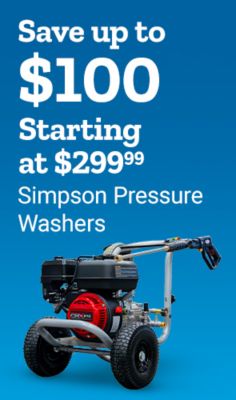Tractor Supply Company promotion. Save up to 100 dollars on Simpson pressure washers starting at 299.99. Image shows gas powered Simpson pressure washer on blue background.