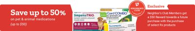 Promotional banner for pet & animal medications. Offer text: Save up to 50% on pet & animal medications (up to $50) + Neighbor's Club Members get a $50 Reward towards a future purchase with the purchase of select Rx products.