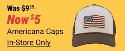 Was 9 dollars and 99 cents. Now 5 dollars. Americana caps. Brown and white trucker-style hat with embroidered American flag patch displayed on a yellow background. In-store only.