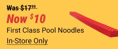 Was 17 dollars and 99 cents. Now 10 dollars. First Class pool noodles. Red textured foam pool noodle displayed on a yellow background. In-store only.