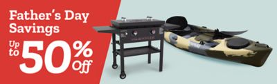 Father's Day savings. Up to 50 percent off. Blackstone griddle and camouflage fishing kayak displayed on a light blue background with a bold red Father's Day promotional banner.