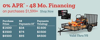 0 percent APR financing for 48 months on purchases 1,599 dollars and up. Valid through July 5th. Tractor Supply Company credit cards displayed beside a utility trailer carrying a zero turn mower. Purchase price examples include 1,600 dollars with 34 dollar payments, 3,500 dollars with 74 dollar payments, and 4,500 dollars with 95 dollar payments over 48 months. Shop now.