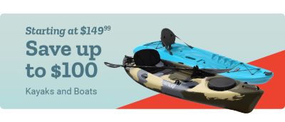 Starting at 79 dollars and 99 cents. Save up to 100 dollars on kayaks and boats. Teal recreational kayak and camouflage fishing kayak with paddle displayed on a light blue and red background.