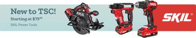 New to Tractor Supply Company. Starting at 79 dollars and 99 cents. SKIL power tools. Cordless circular saw, rotary hammer, and drill driver displayed on a light blue and red background with the SKIL logo.