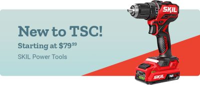 New to Tractor Supply Company. Starting at 79 dollars and 99 cents. SKIL power tools. Cordless circular saw, rotary hammer, and drill driver displayed on a light blue and red background with the SKIL logo.