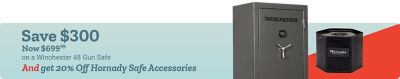 Save 300 dollars. Now 699 dollars and 99 cents on a Winchester 48 gun safe. Get 20 percent off Hornady safe accessories with purchase. Winchester gun safe and Hornady security accessory displayed on a light blue and red background.