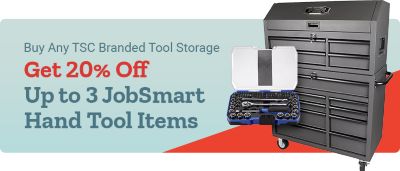Buy any Tractor Supply Company branded tool storage and get 20 percent off up to three JobSmart hand tool items. JobSmart socket set and black rolling tool chest displayed on a light blue and red background.