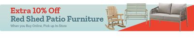 Extra 10 percent off Red Shed patio furniture when you buy online and pick up in store. Wooden rocking chair, metal patio bench, and cushioned outdoor loveseat displayed on a light blue and red background.