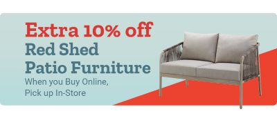Extra 10 percent off Red Shed patio furniture when you buy online and pick up in store. Wooden rocking chair, metal patio bench, and cushioned outdoor loveseat displayed on a light blue and red background.