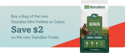 Buy a bag of the new Standlee Mini Pellets or Cubes and save 2 dollars on new Standlee treats. Bag of Standlee Mini Cubes alfalfa forage product displayed on a light blue and red background.
