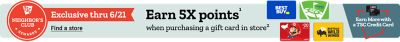 Neighbor's Club exclusive through June 21st. Earn 5 times points when purchasing a gift card in store. Best Buy, Topgolf, Nintendo, and Buffalo Wild Wings gift cards displayed beside Tractor Supply Company credit card promotion graphics on a light blue background. Find a store.