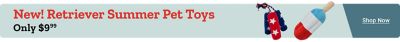 New Retriever summer pet toys. Only 9 dollars and 99 cents. Patriotic dog rope toy and red, white, and blue popsicle-shaped pet toy displayed on a light blue and dark blue background. Shop now.