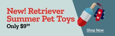 New Retriever summer pet toys. Only 9 dollars and 99 cents. Patriotic dog rope toy and red, white, and blue popsicle-shaped pet toy displayed on a light blue and dark blue background. Shop now.