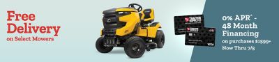 Free delivery on select mowers. Yellow Cub Cadet riding lawn mower displayed beside Tractor Supply Company credit cards. Zero percent APR financing for 48 months on purchases 1,599 dollars and up, now through July 5th.