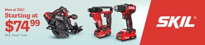 New at Tractor Supply Company. Starting at 74 dollars and 99 cents. SKIL power tools. SKIL circular saw, rotary hammer, and cordless drill displayed on a light blue and red background beside the SKIL logo.