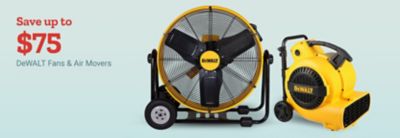Save up to 75 dollars on DeWALT fans and air movers. Large yellow DeWALT industrial fan and yellow DeWALT air mover displayed on a light blue background.