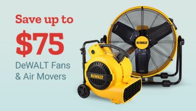 Save up to 75 dollars on DeWALT fans and air movers. Large yellow DeWALT industrial fan and yellow DeWALT air mover displayed on a light blue background.