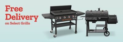 Free delivery on select grills. Blackstone griddle and Oklahoma Joe's offset smoker grill displayed on a light blue background beside promotional text.